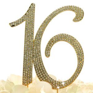 Rhinestone Cake Topper - Number 16 - Gold Metal with Czech Rhinestones